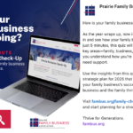 Prairie Family Business Association’s 5-minute Family Business Check-Up quiz, featuring a laptop displaying the quiz page and a call-to-action button labeled 'Start My Checkup.'