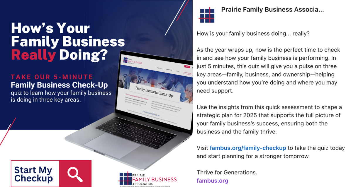 Prairie Family Business Association’s 5-minute Family Business Check-Up quiz, featuring a laptop displaying the quiz page and a call-to-action button labeled 'Start My Checkup.'