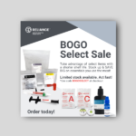 Promotional graphic for Reliance Orthodontics' BOGO Select Sale, featuring orthodontic adhesives, elastics, and bonding materials with a limited-time discount offer.