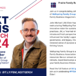 Celebratory graphic highlighting John Michael Elder of Wellspring Family Group, recognized as one of Family Business Magazine’s 'NextGens to Watch 2024,' with a photo of John Michael Elder and congratulatory text.