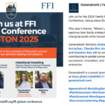 LinkedIn post for Generation6 promoting their sponsorship and speaking sessions at the FFI Global Conference 2025 in Boston.