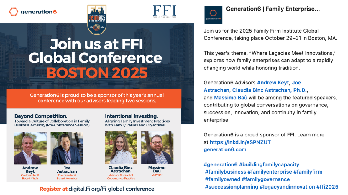 LinkedIn post for Generation6 promoting their sponsorship and speaking sessions at the FFI Global Conference 2025 in Boston.