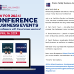 Prairie Family Business Association’s new pre-conference family business events on April 16, 2024, featuring session details for Farm Family Forum, Board Bootcamp, and Family Business Acceleration Workshop.