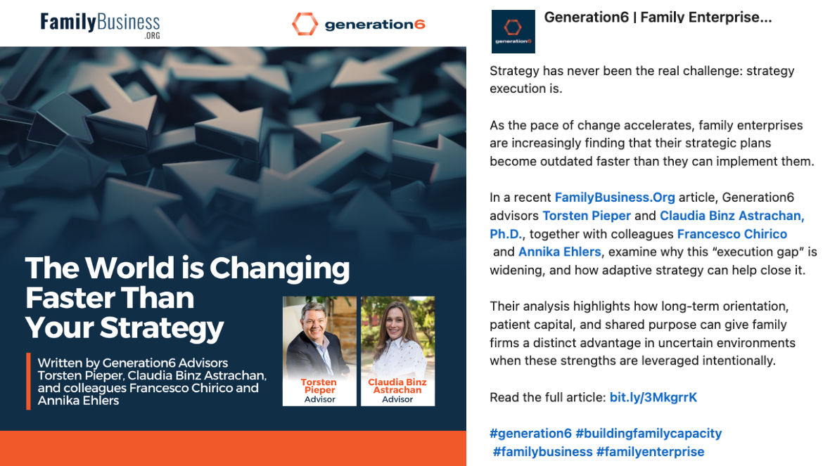 LinkedIn thought leadership post for Generation6 promoting a FamilyBusiness.org article on adaptive strategy for family enterprises.