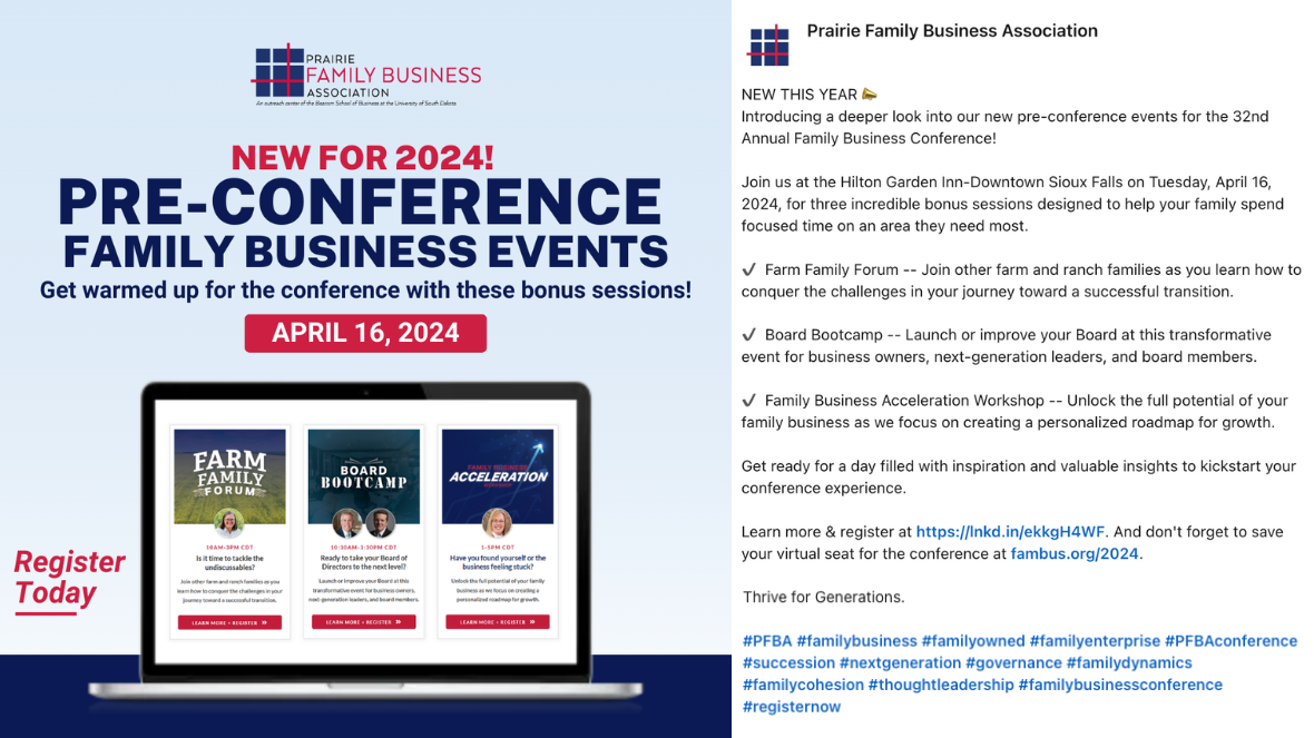 Prairie Family Business Association’s new pre-conference family business events on April 16, 2024, featuring session details for Farm Family Forum, Board Bootcamp, and Family Business Acceleration Workshop.