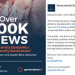 Article 'How Family Dynamics Shape Family Businesses' by Joseph Astrachan and Claudia Binz Astrachan has surpassed 500,000 views