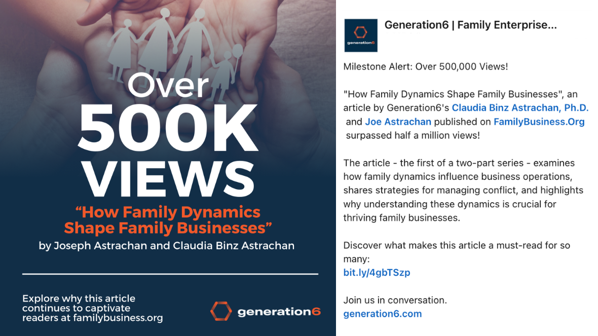 Article 'How Family Dynamics Shape Family Businesses' by Joseph Astrachan and Claudia Binz Astrachan has surpassed 500,000 views