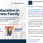 Article feature titled 'Money Education in the Business Family,' featuring Generation6 Advisors Anneleen Michiels and Claudia Binz Astrachan with their photos.