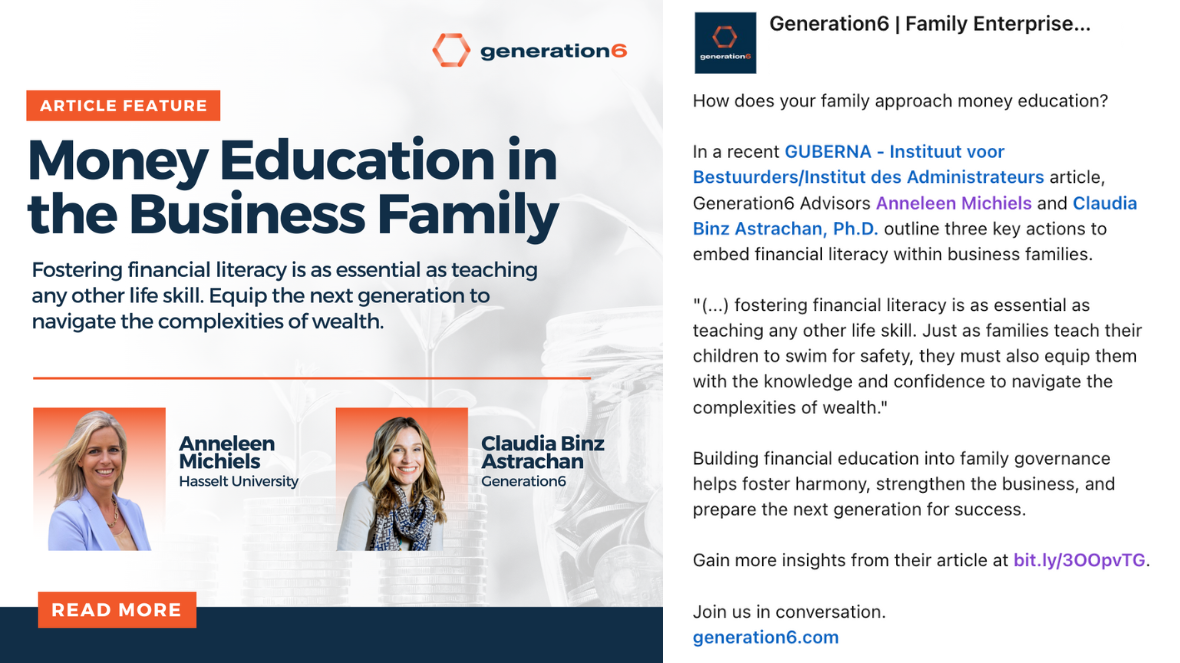 Article feature titled 'Money Education in the Business Family,' featuring Generation6 Advisors Anneleen Michiels and Claudia Binz Astrachan with their photos.