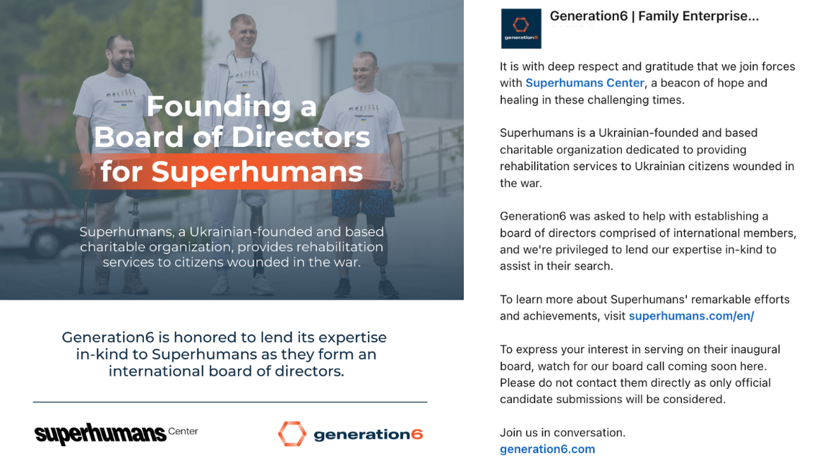 Generation6’s partnership with Superhumans, a Ukrainian-founded organization providing rehabilitation services to citizens wounded in the war, highlighting their role in founding a board of directors.