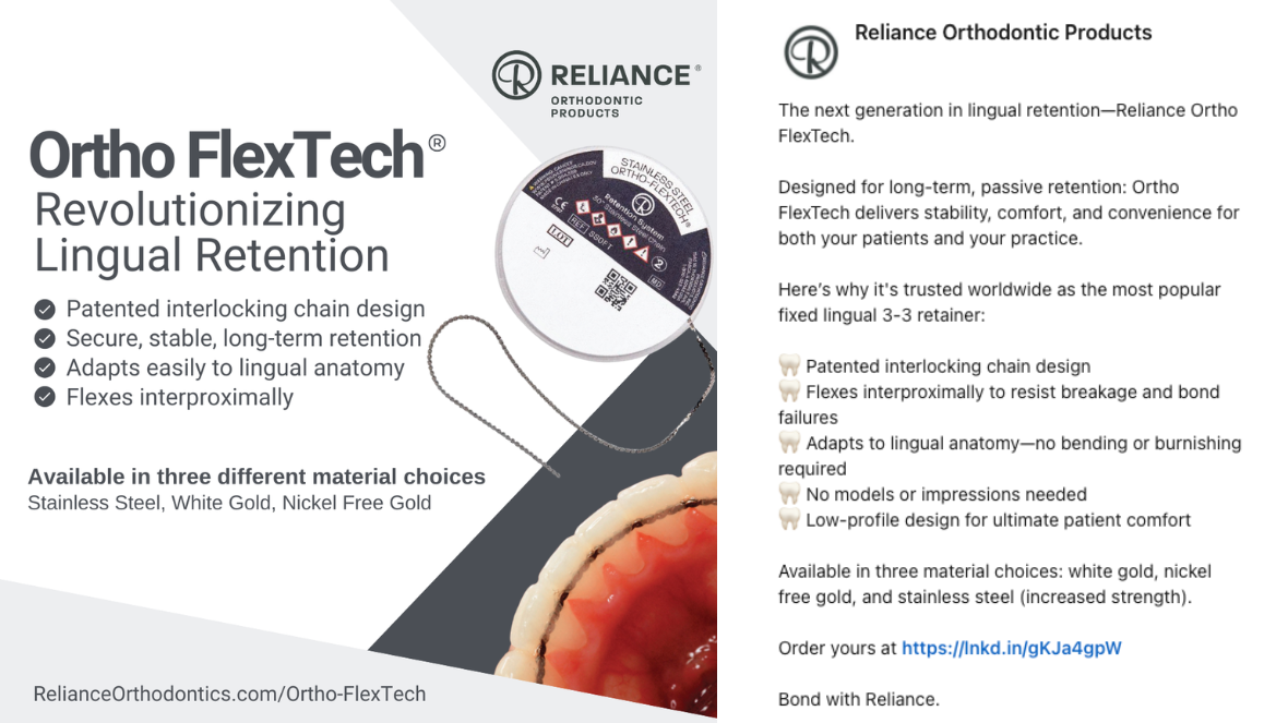 Ortho FlexTech by Reliance Orthodontic Products, showcasing features of the lingual retainer with an image of the product and dental model.