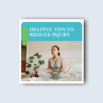 A PillowEase social media post providing helpful tips for reducing injuries, featuring an image of a woman practicing yoga in a serene bedroom setting.