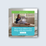 A PillowEase social media post promoting a blog about how pillows can help with discomfort, featuring a woman comfortably working on a laptop from her couch.