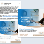 Proximity Partners promoting contract-to-hire positions. The ad features an image of two professionals in discussion, with text highlighting the benefits of contract-to-hire staffing. The CTA encourages scheduling a consultation.