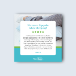 A PillowEase social media post featuring a five-star customer review praising the pillow’s ability to alleviate hip pain during sleep.