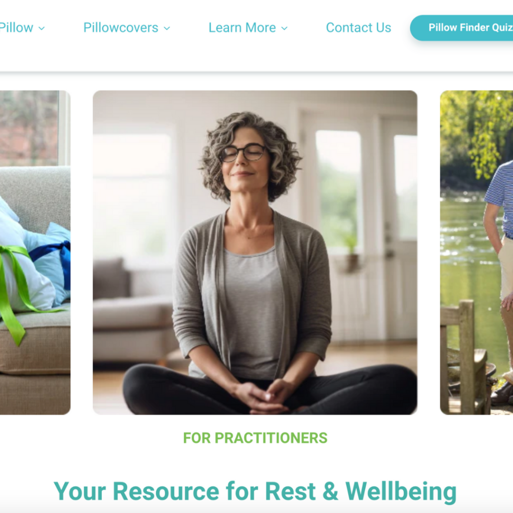 A section from the PillowEase website designed for healthcare practitioners, featuring an image of a relaxed woman meditating. The page highlights how PillowEase supports patient well-being and therapeutic care.