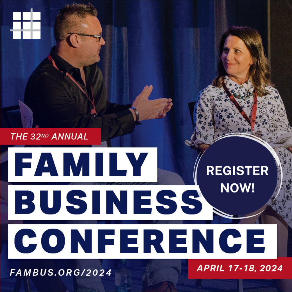 A promotional graphic for the 32nd Annual Family Business Conference. The image features a male and female speaker on stage, with bold typography displaying event details and a "Register Now" call-to-action.