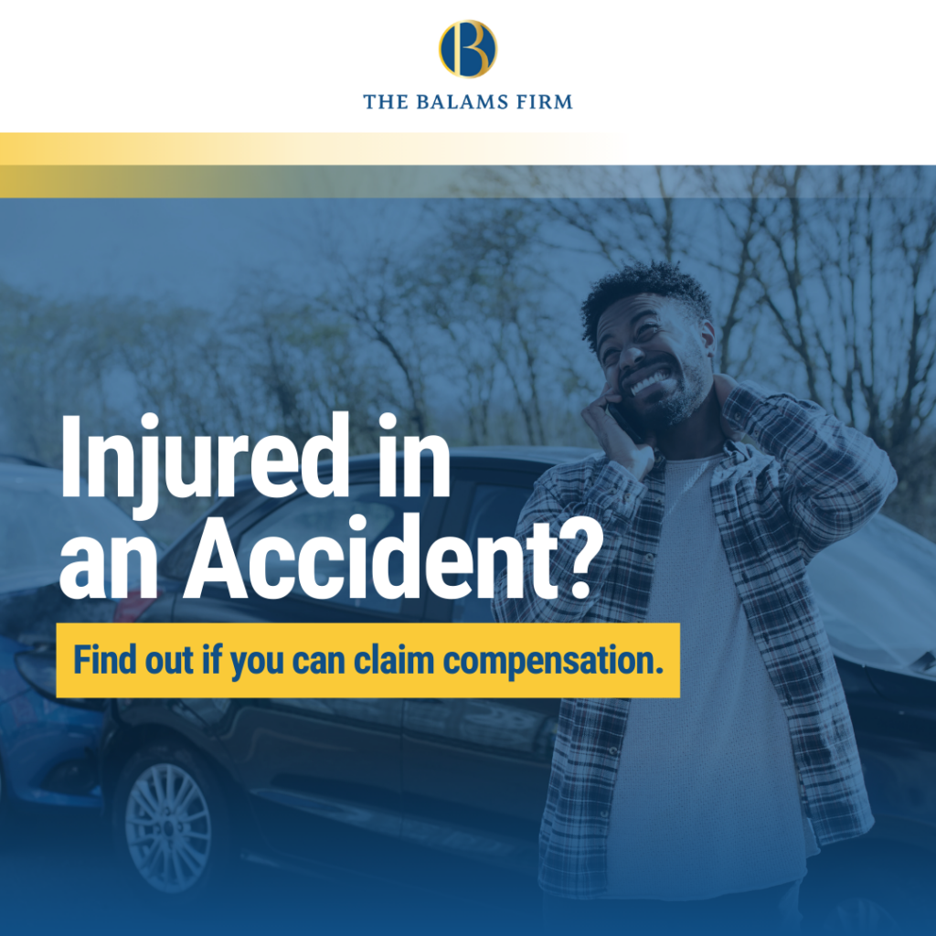 B2B lead generation ad for The Balams Firm asking "Injured in an Accident?" with a call-to-action to check compensation eligibility.