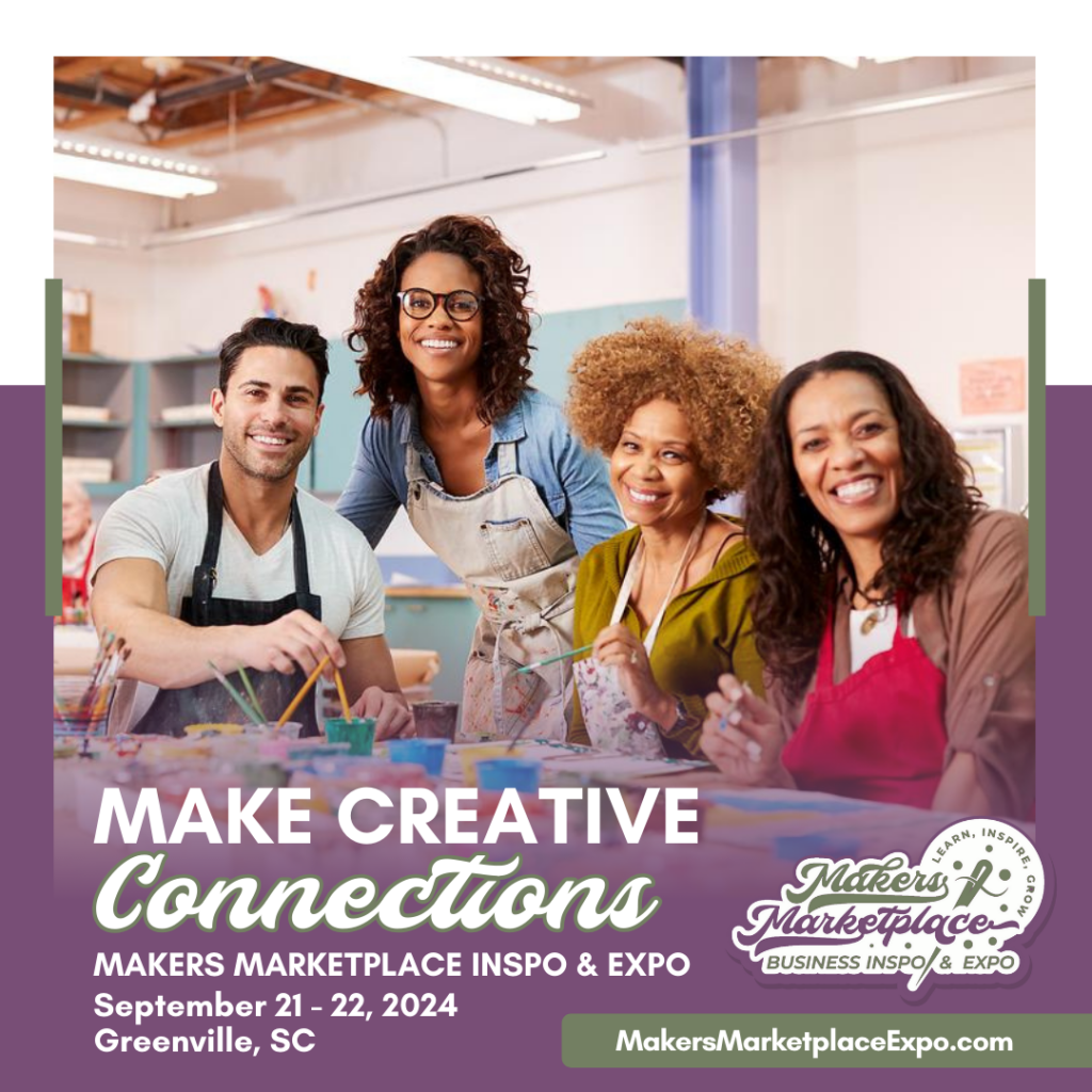 Promotional social media graphic for the Makers Marketplace Inspo & Expo in Greenville, SC, featuring diverse creative entrepreneurs.