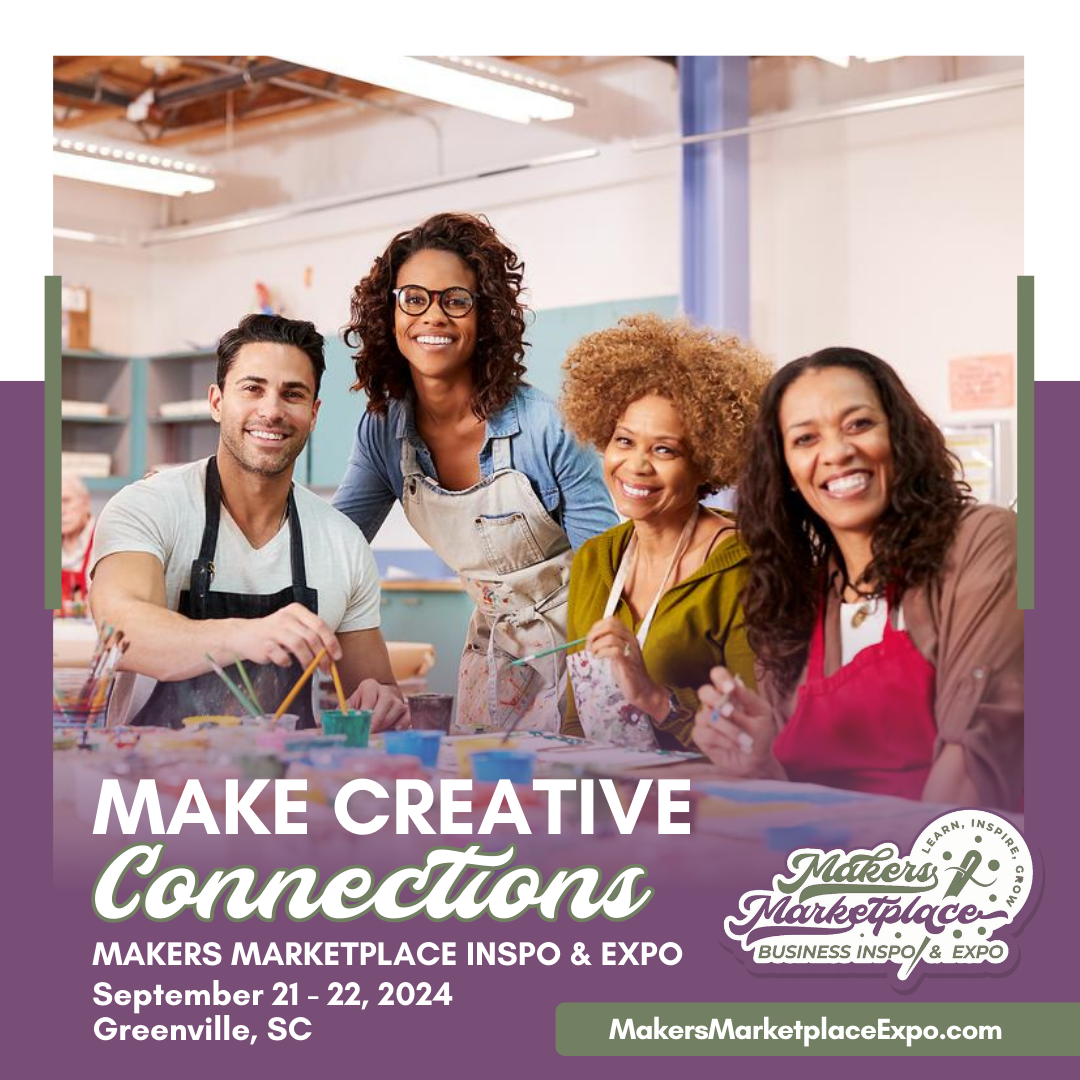 Promotional social media graphic for the Makers Marketplace Inspo & Expo in Greenville, SC, featuring diverse creative entrepreneurs.