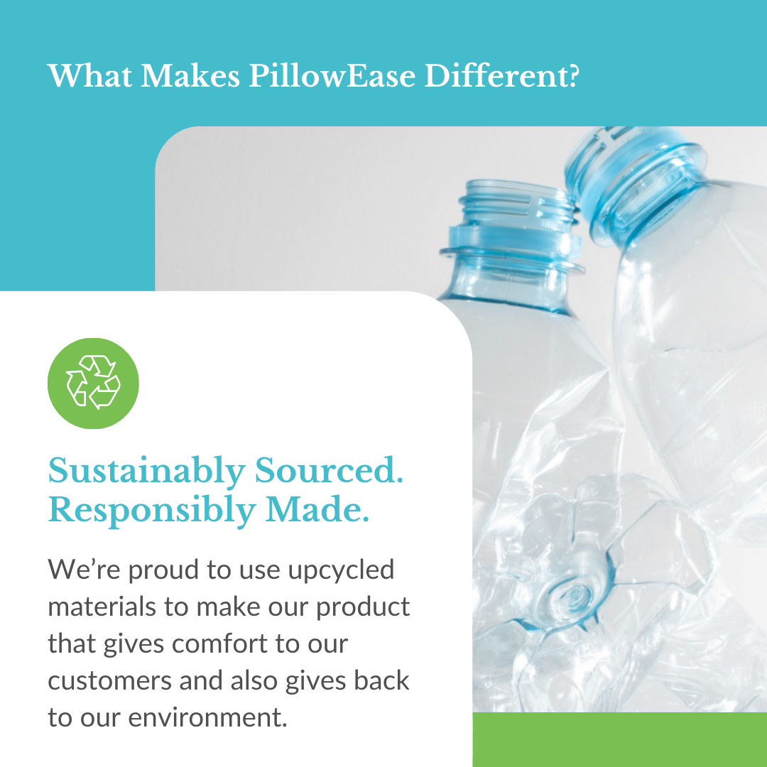 A social media graphic highlighting PillowEase's commitment to sustainability, featuring a close-up of upcycled plastic bottles and text about responsible sourcing.